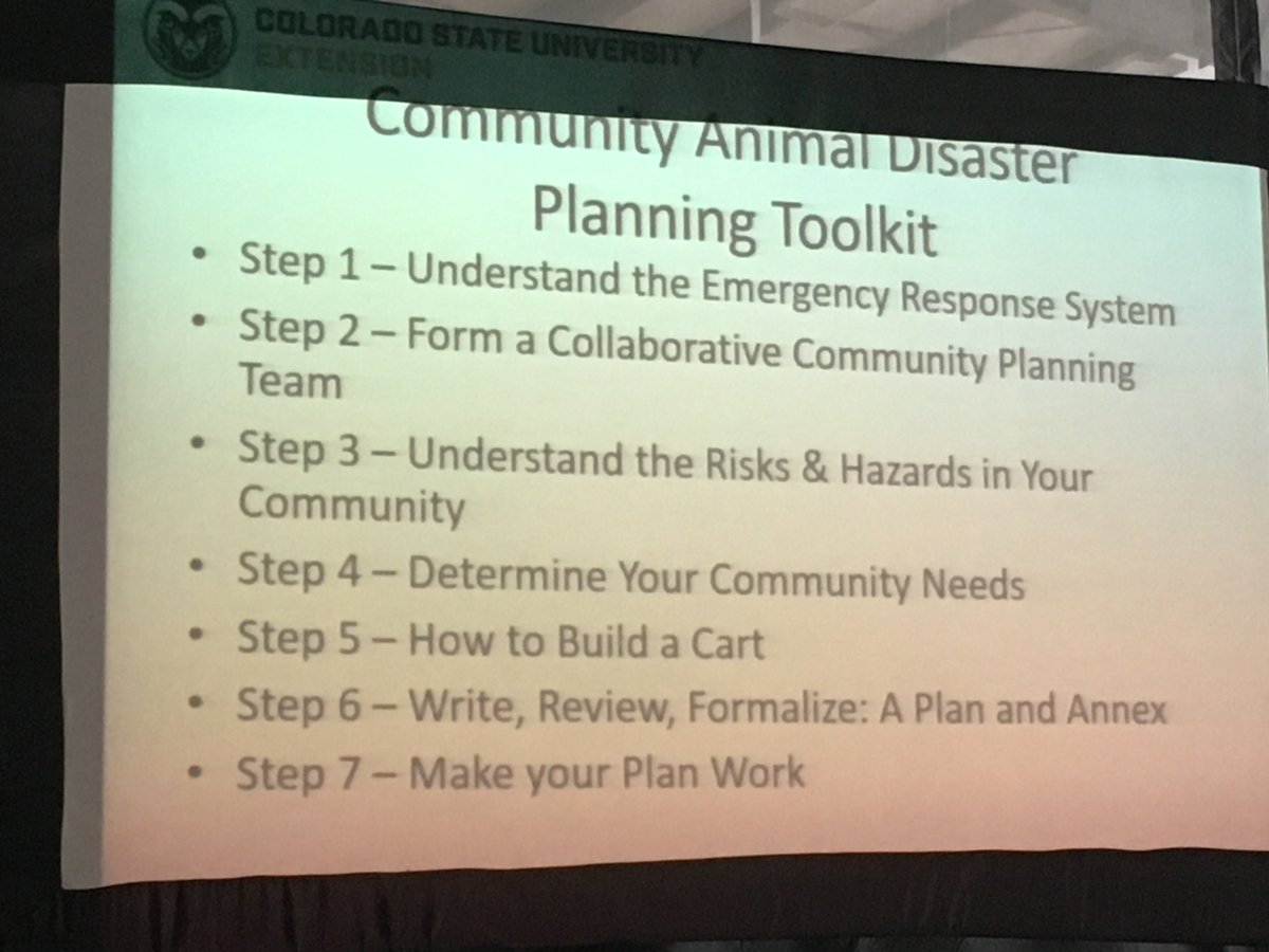 UTAHCERT's tweet photo. These are 7 steps to make a community animal disaster response capability. Colorado created a Toolkit that can help. #UtahMRC Summit https://t.co/siMyBVXISn
