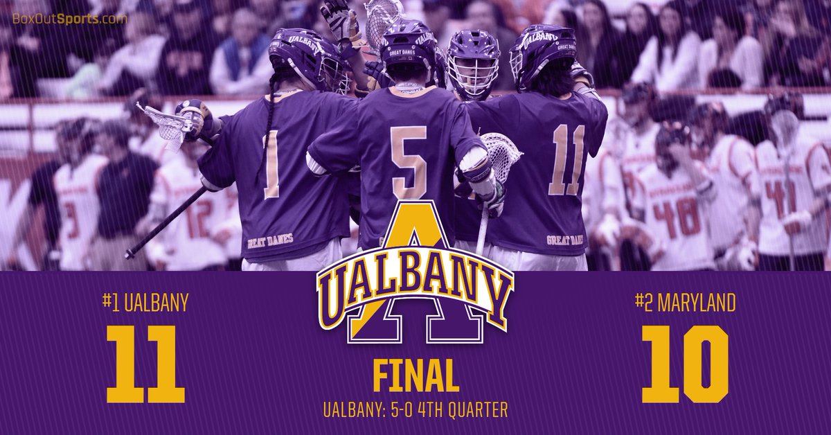 UAlbanyMLax's tweet photo. UALBANY WINS!
Final score - #1 UAlbany 11, #2 Maryland 10.
UAlbany outscores Maryland 5-0 in the fourth quarter to win. https://t.co/95jldylwe0