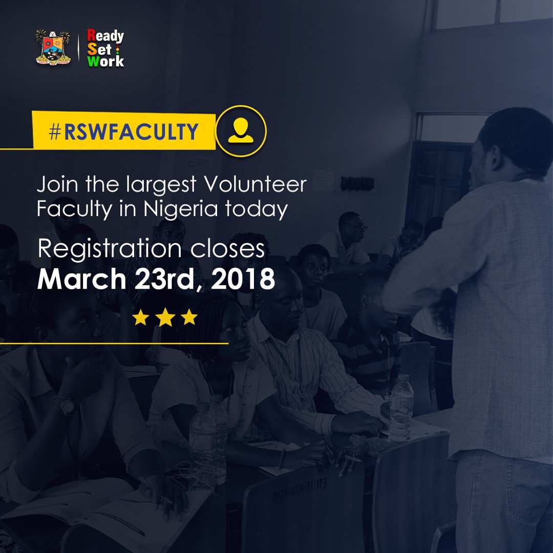 a_olabalogun's tweet image. Do you have what it takes to teach and mentor? Then join the largest volunteer faculty today! Visit readysetwork.com.ng/rsw-faculty/ to register.

Registration closes March 23rd, 2018. #RSWFaculty #RSW2018