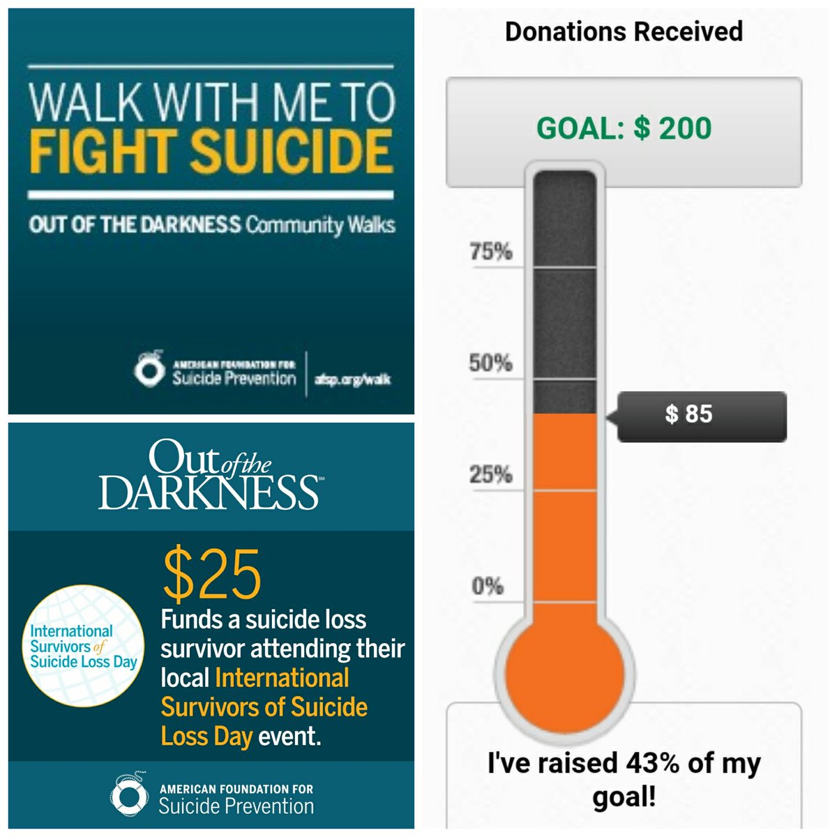 afreespirit85's tweet photo. I am participating in the Coachella Valley Out of Darkness Walk on March 24 and am raising funds for the American Foundation for Suicide Prevention. Would you consider making a donation to help me reach my goal? https://t.co/2sXGhx4S8T https://t.co/xfgD3yP9WG