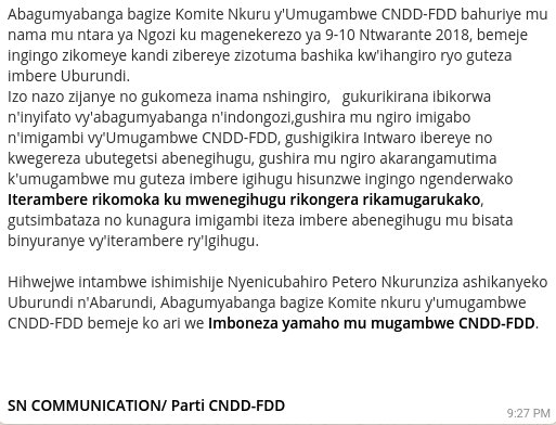 Ikiriho's tweet photo. FLASH 🔴 Le Président @pnkurunziza confirmé par les instances dirigeantes du @CnddFdd comme "Guide permanent" du parti, au terme d'une réunion de deux jours en @NgoziProvince qui vise à renforcer la vision du parti: "Le développement part du #Burundi-ais et profite au Burundais" https://t.co/kLwDOg9ev9