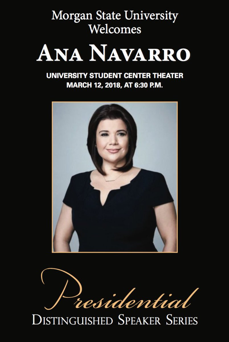 MorganStateU's tweet photo. We're just 2 days away from the return of @MorganPres, Presidential Distinguished Speaker Series! 
Join us for an evening to engage in substantive &amp; thought-provoking dialogue with GOP Strategist, @AnaNavarro. 
If you're a supporter of the MSU mission, this is an evening for you! https://t.co/AYccX32Pi4