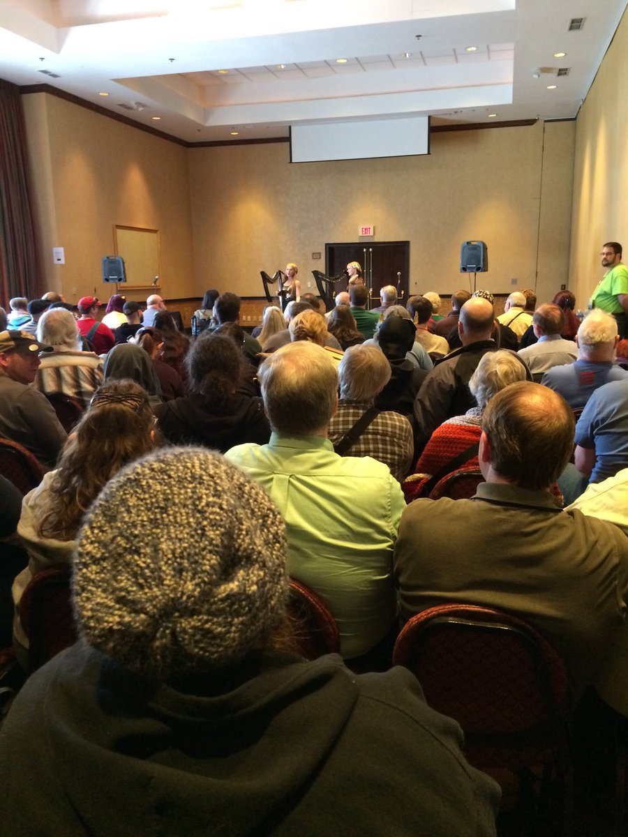 CLE_ConCoction's tweet photo. @CamilleKennerly are performing NOW - standing room only. 
Missed them today? Their final performance is 12:30 tomorrow (Sunday) in Main Prog. #harptwins #cleconcoction #convention #clecon5 #clecon2018 #concoction #camilleandkennerly #theharptwins https://t.co/nepzEd761q