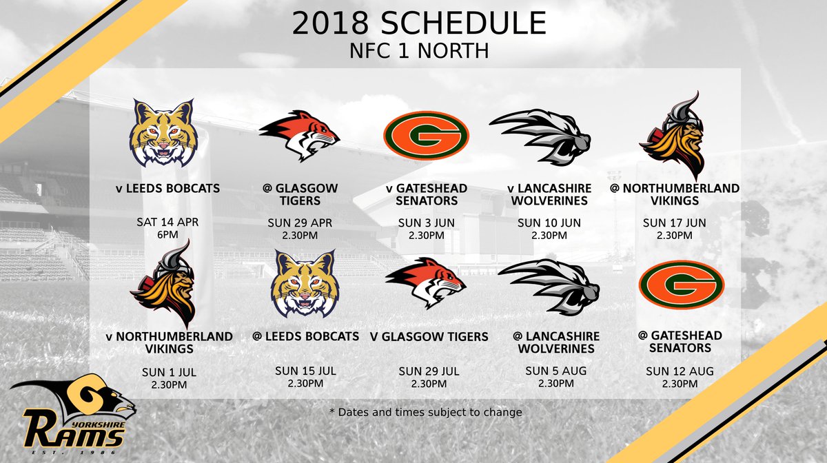BREAKING NEWS

We can reveal our schedule for the 2018 NFC 1 North season.

*All dates and times subject to change