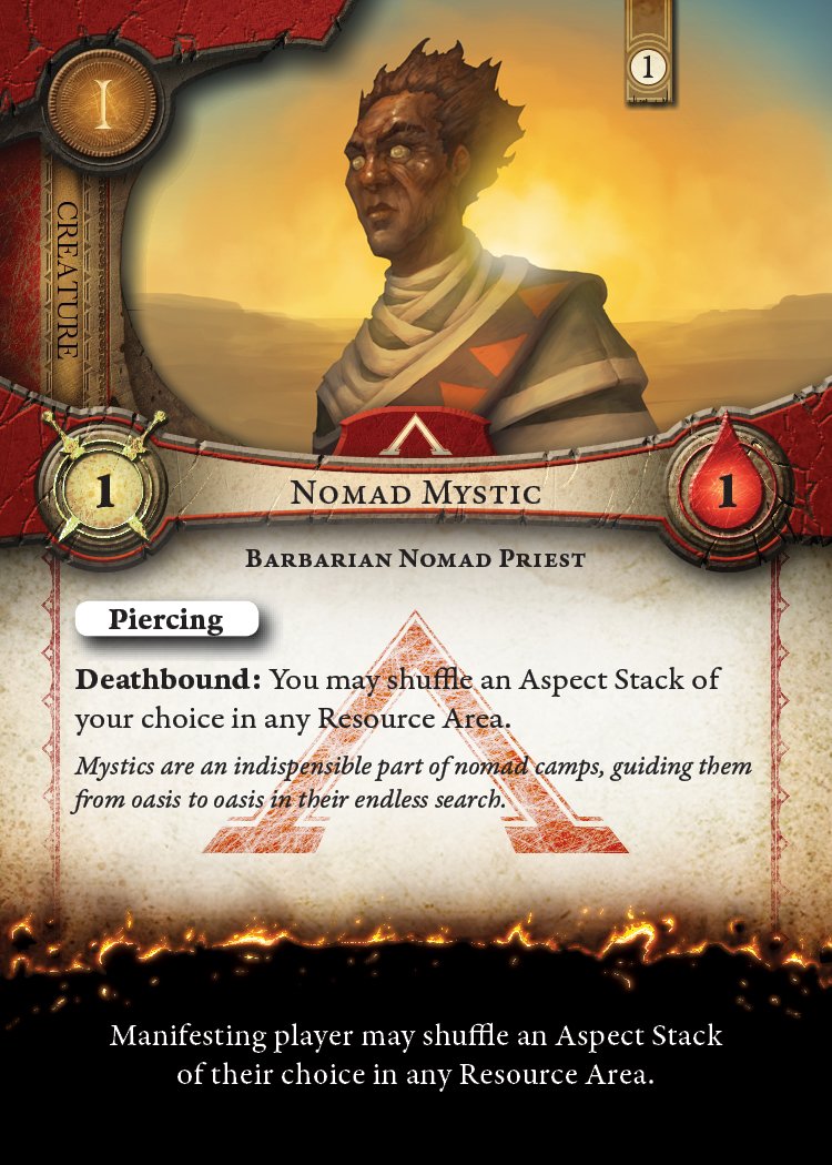TotGgame's tweet photo. Nomad Mystic provides a low cost creature that can mess with an Aspect Stack. This can add risk to your opponent's choice for Manifesting. Games are won and lost depending if the right card is Manifested and Nomad Mystic can ruin well laid plans of your foes. https://t.co/roGqf7uU3I