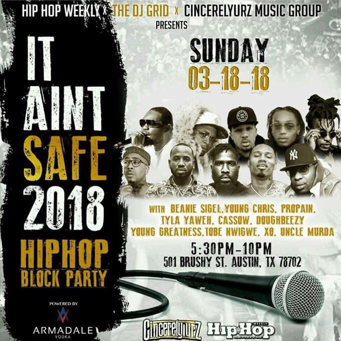 DJEuroTech's tweet image. RT @DJGridUSA: It’s Going Down! #SXSW 3/18 • @HipHopWeekly &amp;amp; @CincereSo Presents The Official “It Ain’t Safe” 2018 #HipHop #BlockParty • Sponsored By @ArmadaleVodka • Performances By @BeanieSigelSP @YoungChris @YoungGreatness7 &amp;amp; More! For Info Contact @J_Bachelor | @AGTheAR