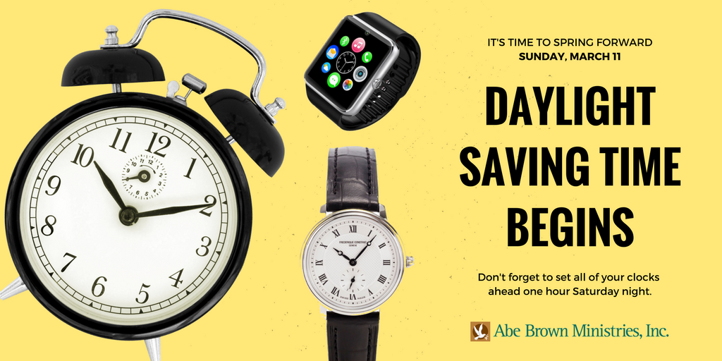 AbeBrownLegacy's tweet photo. This may be the last time to #SpringForward in #Florida, so don't forget to set all of your #clocks ahead one hour before going to bed tonight. ⏰🕰️⌚️⏱️#DaylightSavingTime begins Sunday, March 11 at 2 am. #BeOnTimeForChurch https://t.co/xow1mH8lqO
