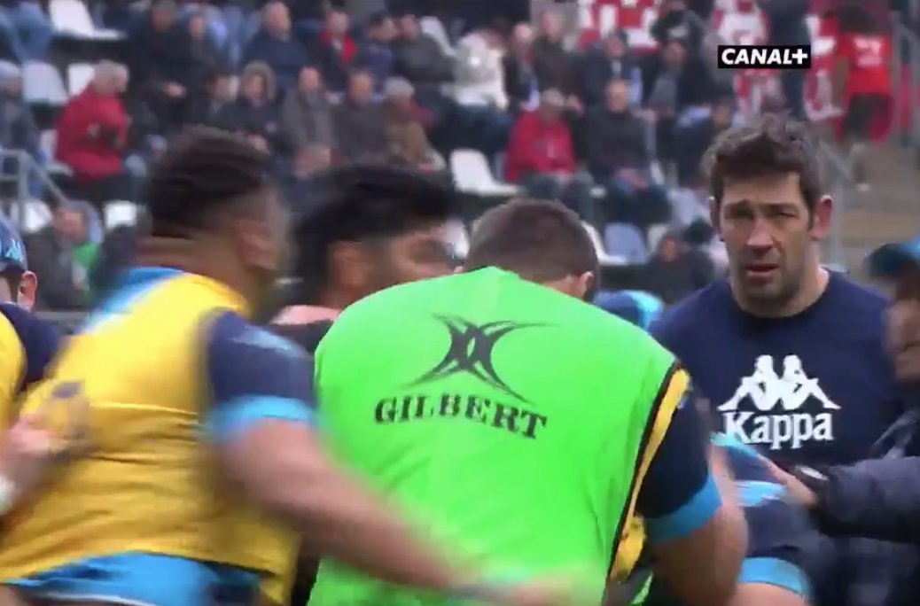 Murray_Kinsella's tweet photo. Love Nathan Hines' facial expressions as Montpellier team-mates Bismarck du Plessis and Mohamed Haouas have a scrap during their warm-up.

Went on to hammer Racing 41-3, so maybe this could become a thing. #Top14 https://t.co/ZW5DfIyiuI