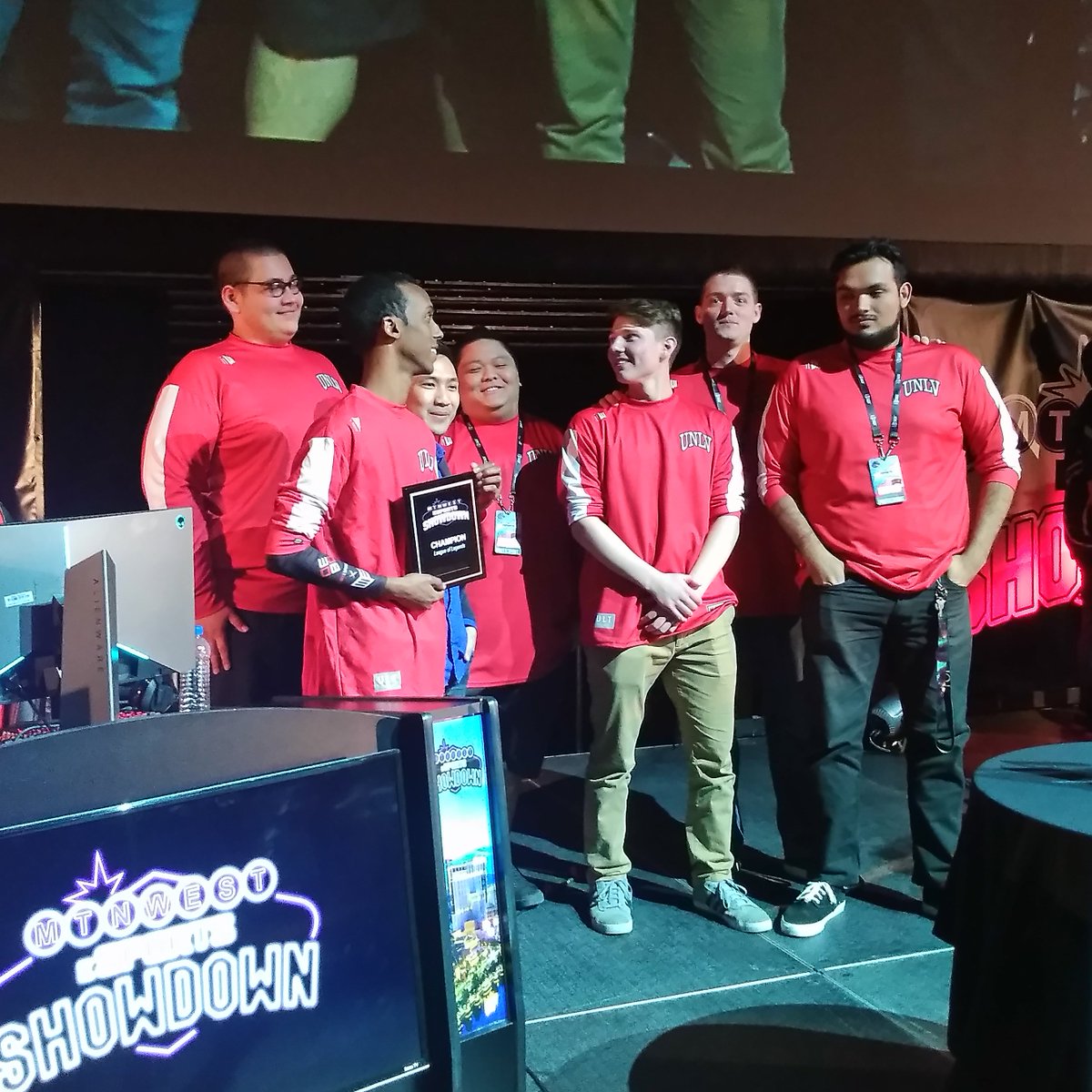 UNLVigi's tweet photo. Looks of pure pride & jubilation! UNLV wins #LeagueOfLegends 2-0! Congrats everyone! #esports #MWShowdown @8bitEsports @eSportsBSU https://t.co/8wPVQTtQtq