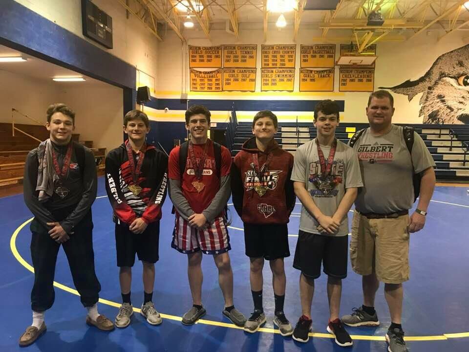 GilbertWrstling's tweet photo. All six placed today. Missing Kyle in this pic. Great mat time for these guys. Thanks @LexWrestling for hosting a great tournament. #StayInCircle #StayOnTheMat https://t.co/PpgYjdi5y9