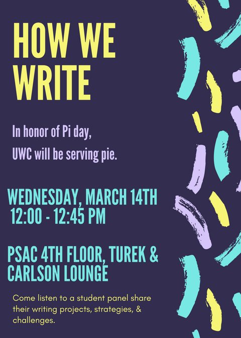 UNRUWSC's tweet photo. The UWC will be serving pie during How We Write next week, stop by for a slice and listen to all things writing, provided by students!
#HowWeWrite https://t.co/vM6PYhM514