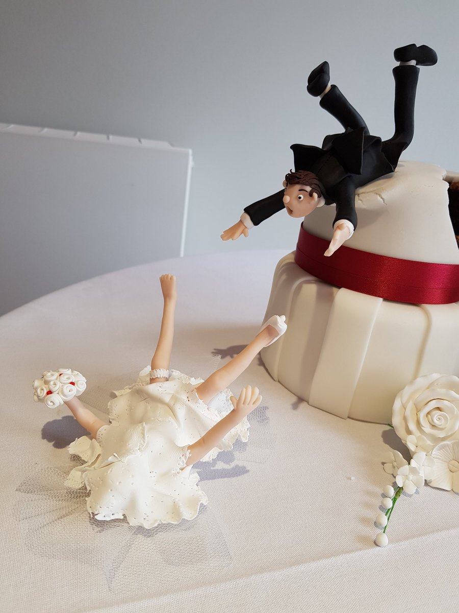 clarescake's tweet photo. Anti gravity wedding cake and handmade bride and groom  x please RT https://t.co/xgUCzkfT8w