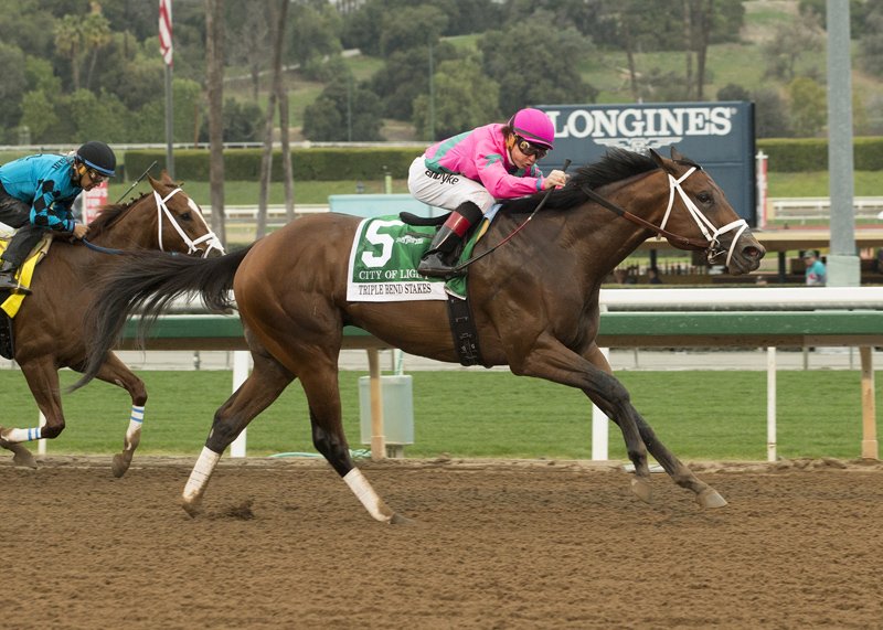 BH_AEberhardt's tweet photo. M/M WK Warren Jr.'s #CityofLight with @draydenv wins G1 #TripleBend @SantaAnitapark The son of #QualityRoad is trained by Michael McCarthy. Bred by Ann Marie Farm @BenoitPhoto_ More @BH_JBalan https://t.co/pCeIqUSnHZ