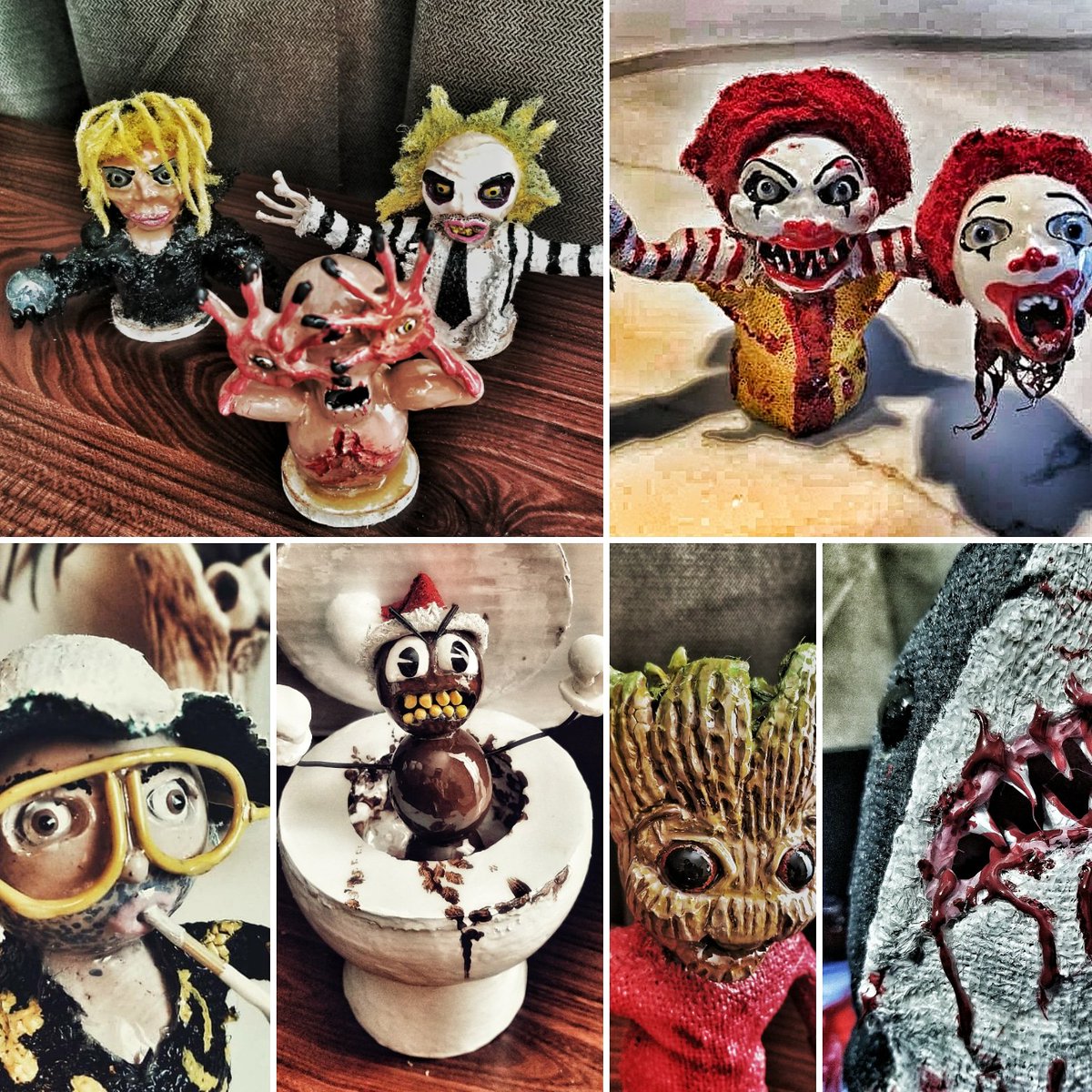 AaronNobess's tweet photo. In only 4 months I've made so may little #figurines only getting better. 😊 #artist #art #figurine #collectibles #goblinking #labyrinth #DavidBowie #Beetlejuice #McDonalds #mrhankey #Groot #jaws #greatwhite #burlapart #FearandLoathing #cryptskin #PopCulture #cultclassic #WPG https://t.co/A3CZkQ3Ca7
