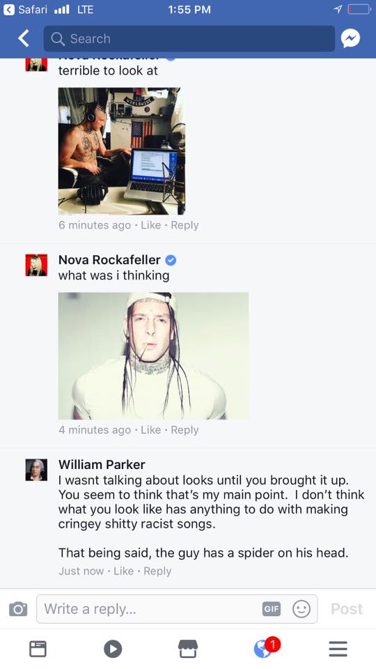 cass0nva's tweet image. part 2.  @novarockafeller  called me dumb looking,  then spammed the  thread with pics of her white supremacist boyfriend.  She then freaked out on my personal fb, and blocked me when i didn't reply like a 12 year old.  I also stole @heavensvnt's spider comment by accident.