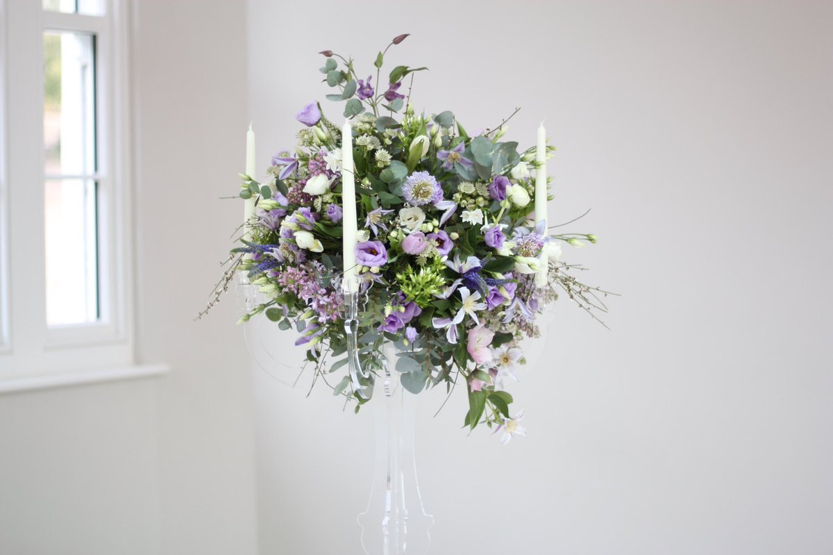 Today’s table centres <a href="/RockbeareManor/">Rockbeare Manor</a> for Kate and Steve. Perspex candelabra looking fab