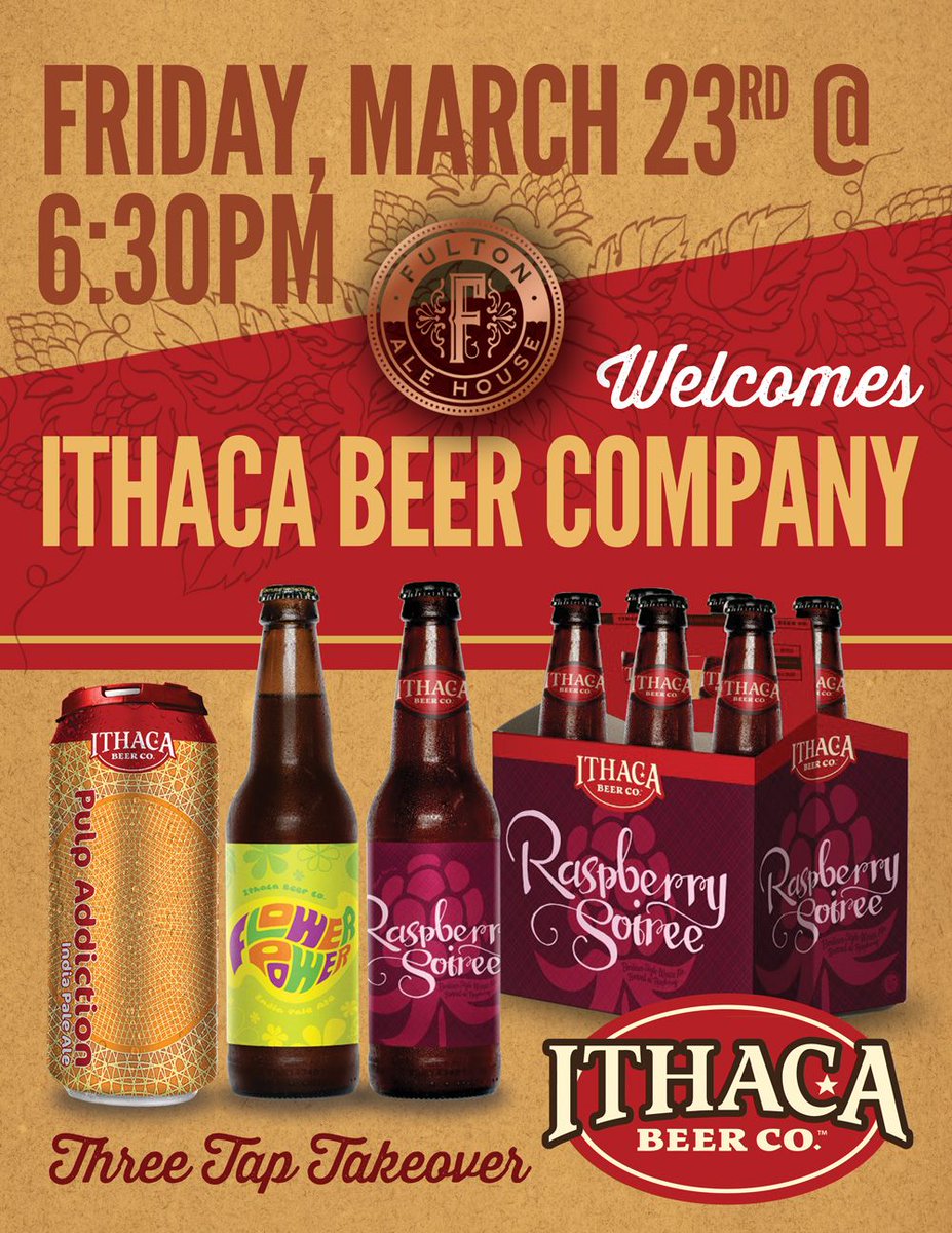 FultonAleHouse's tweet image. Join us in welcoming Ithaca Beer during Friday Hoppy Hour for their launch of a new IPA, Pulp Addiction! They&apos;ll be taking over three of our taps and will be on hand to share samples &amp;amp; swag.
#ithacabeer #pulpaddiction #raspberrysoiree #flowerpower #hoppyhour #craftbeer #beermenus