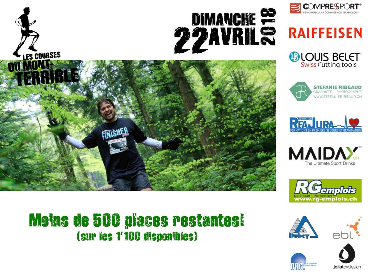 Mont_Terrible's tweet photo. Le cap des 500 t-shirts restant est franchi! Ne tardez plus à vous inscrire: une fois la limite des 1'100 inscriptions atteinte, plus possible de s'inscrire...
Enfants et Nordic Walking ne sont pas sujet à cette limitation.
#CMT18 #Pietchiesson #Trail
https://t.co/G2FfqDXF5E https://t.co/VwaerlGvxc