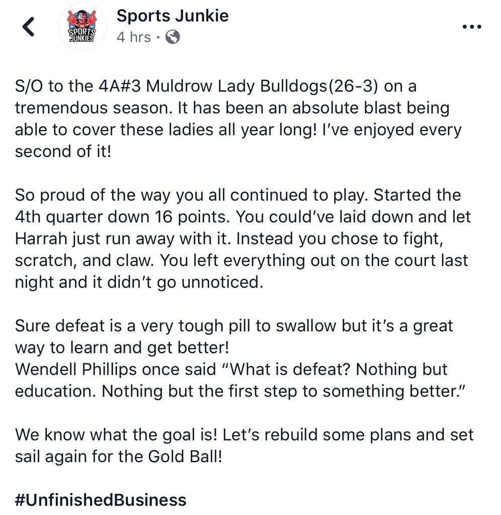 It was a fun year!!! 4A#3 Muldrow Lady Bulldogs end their season at 26-3! They’ll be back in the 4A State Playoffs again come this time next year! #UnfinishedBusiness 

<a href="/okhsscores/">Oklahoma HS Extreme</a> <a href="/madichambers/">Madison</a> <a href="/kamrynajohnson/">kamryn</a> <a href="/JasonBoyett76/">Jason Boyett</a> <a href="/tim_radio/">Tim Terry 🎤</a>