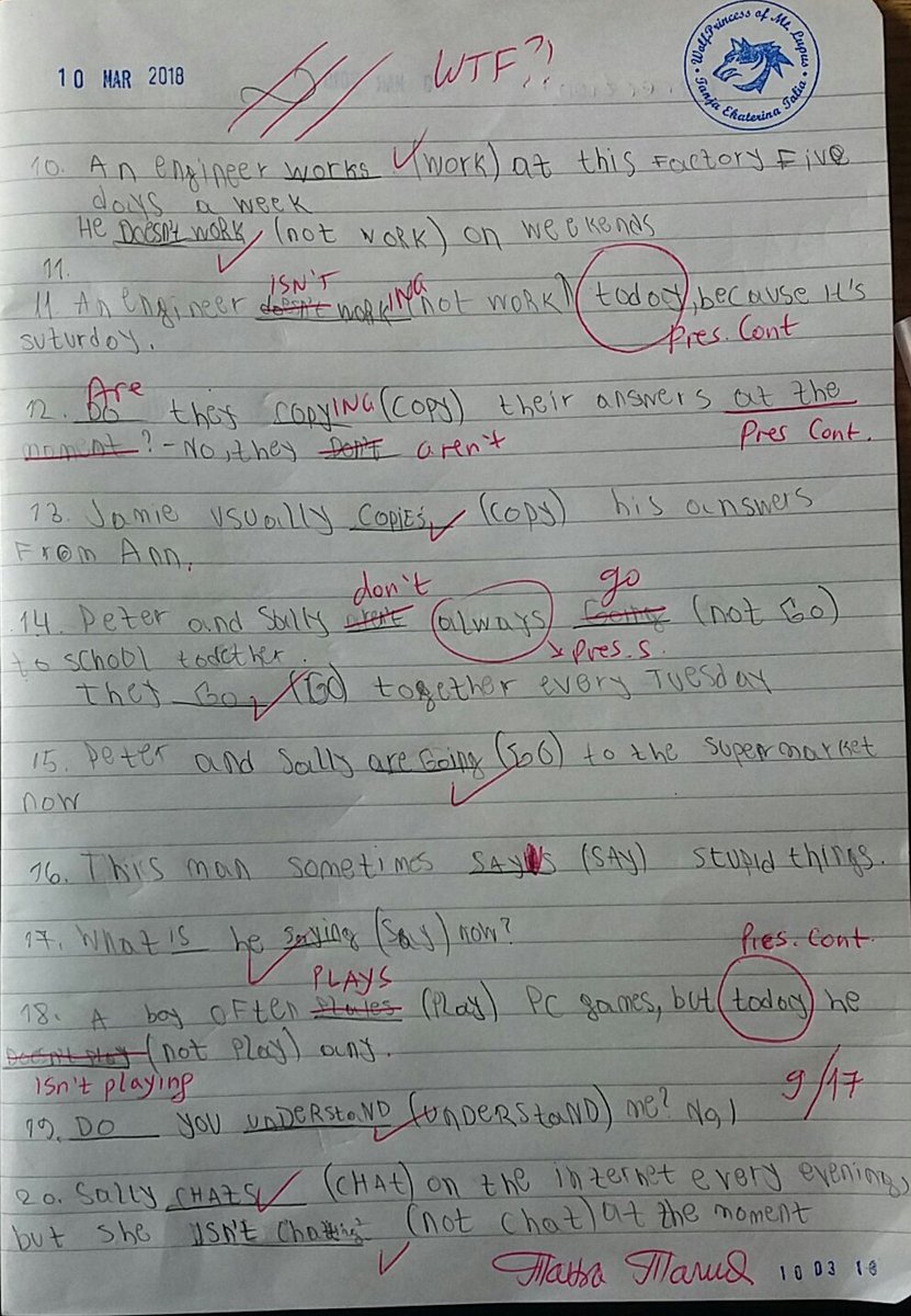 MontLupus's tweet image. Danas bilo obnavljanje gradiva pred kontrolni šestaka (samo ga još oni nisu imali). Reko&apos;, &apos;ajde da proverim prokletu kombinaciju #PresentSimple vs #PresentContinuous...
Posle prvih 18 glagola napišem &quot;puškicu&quot; i dam novih 17 glagola.Ovako to izgleda kod jedne lažne &quot;četvorke&quot;...