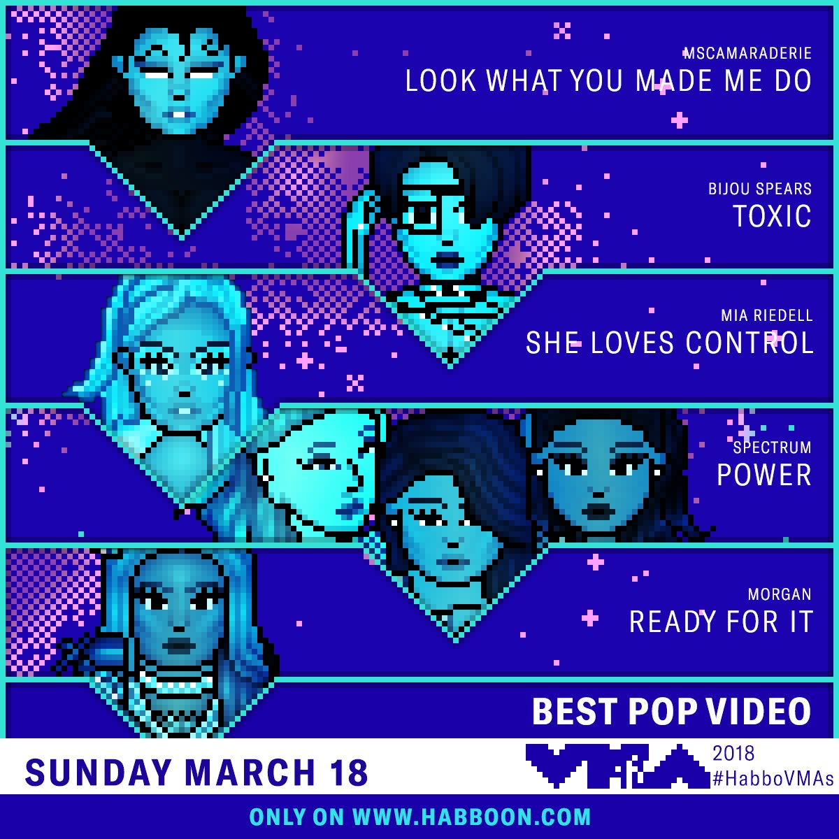 habborepublic's tweet photo. The competition is fierce for Best Pop Video at the #HabboVMAs! Who will walk away with a Moonman? 💥 https://t.co/BN8PB36UJT