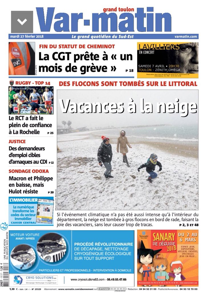 politics_vd's tweet photo. La Une de #var_matin avec la neige impressionnante dans le Var et dans notre @VilleDeToulon https://t.co/vGWT1dIJlk
