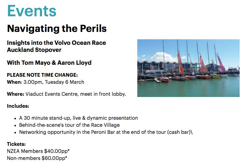 NZEA_'s tweet image. Limited spaces left: Exclusive insight into the @volvooceanrace Akl Stopover. 3pm, Tuesday 6 March. Tom Mayo &amp;amp; Aaron Lloyd to host a 30 minute stand up, live &amp;amp; dynamic presentation, followed by a behind-the-scenes tour of the Race Village &amp;amp; networking. nzea.co/seminars/