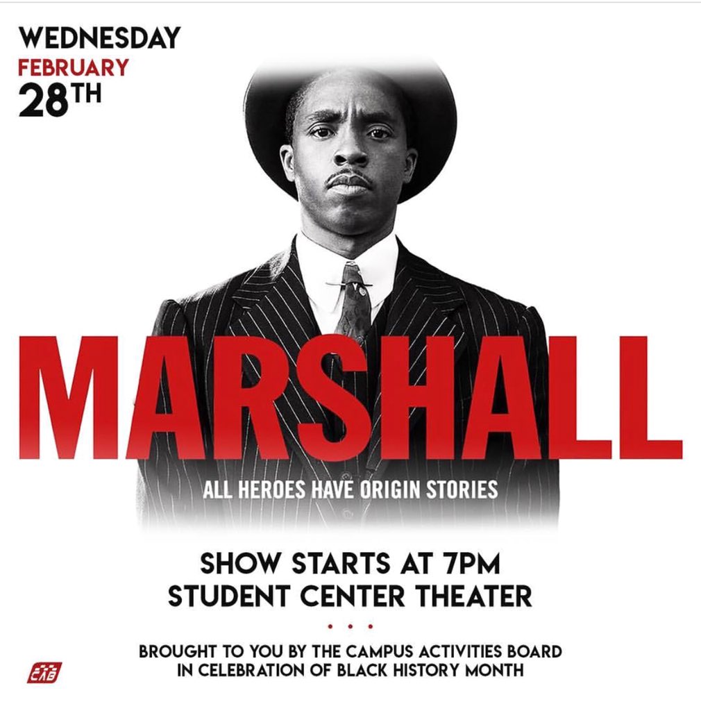 JSUCAB's tweet photo. In celebration of Black History Month✊🏿✊🏾✊🏽✊🏼, CAB🚖 is bringing you a viewing of “Marshall”. 🕴🏾 You don’t want to miss it. 📆Wednesday, February 28th. Show starts at 7 PM in the Student Center theater (2nd floor)
#CatchTheeCAB #Theegamechangingyear https://t.co/T1PizwRVBt
