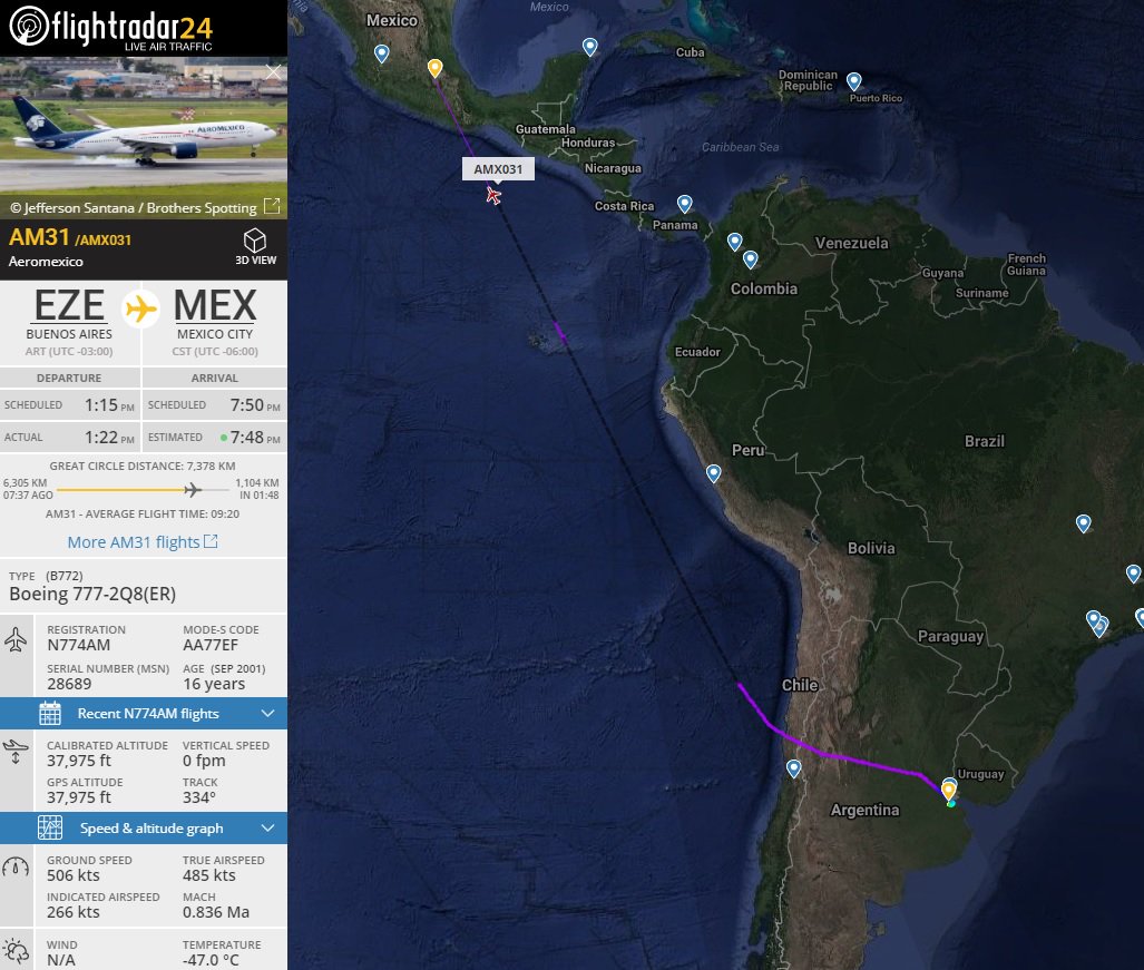 AirportWebcams's tweet photo. LIVE: AeroMexico ends 12 years of Boeing 777 operations today, with #AM31 (Buenos Aires to Mexico City) the final revenue service of N774AM. Track: https://t.co/Hxfzgcp3NN https://t.co/dEVI8kUPq7