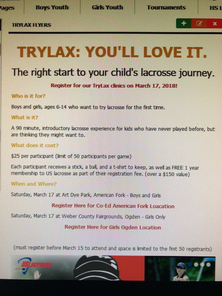 IMLAXUT's tweet photo. TRYLAX!! Gets your kids started today! It’s gunna be a blast! https://t.co/zjxmBR6ffw