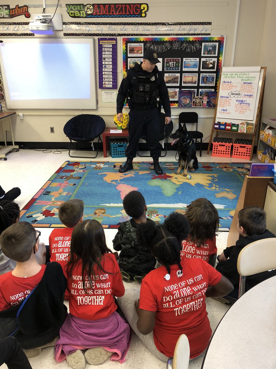 MTL_DynamicDuo's tweet photo. Watched our reading curriculum come to life today! Officer Santiago &amp; K-9 Nina came to visit our students! We loved learning about the special training a police dog has. Thankful to all the men &amp; woman in the @mtlaurelpd who keep our community safe!! 💙 https://t.co/9ITwG0QvGM
