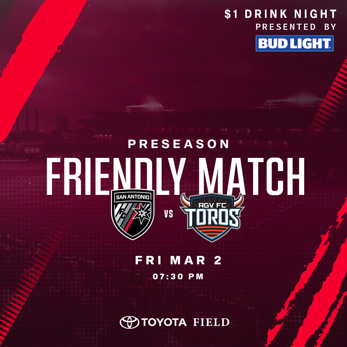 SanAntonioFC's tweet photo. Rivalry time. Come out to @toyotafield on Friday night as we take on @RGVFC in a preseason friendly! It’s also @budlight $1 Drink Night!

🎟 https://t.co/kgrQqkFivU #OurClub https://t.co/SPu4reVKVc