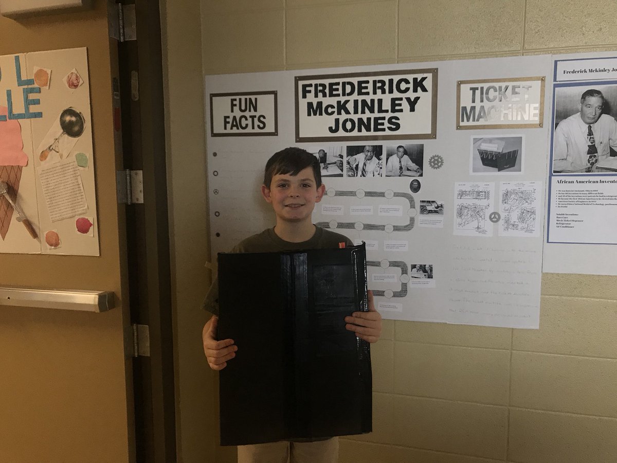 msquarlesclass's tweet photo. Exploring African-American Inventors &amp; their inventions for #BlackHistoryMonth2018! 
This student researched #FredrickMcKinleyJones inventor of the Ticket Machine. His rendition of the invention is phenomenal! #STEAM @HSVk12 @ALSciTeachers @BlkHistStudies #5thGradewithMsQ ✨ https://t.co/ApKYnrABHr