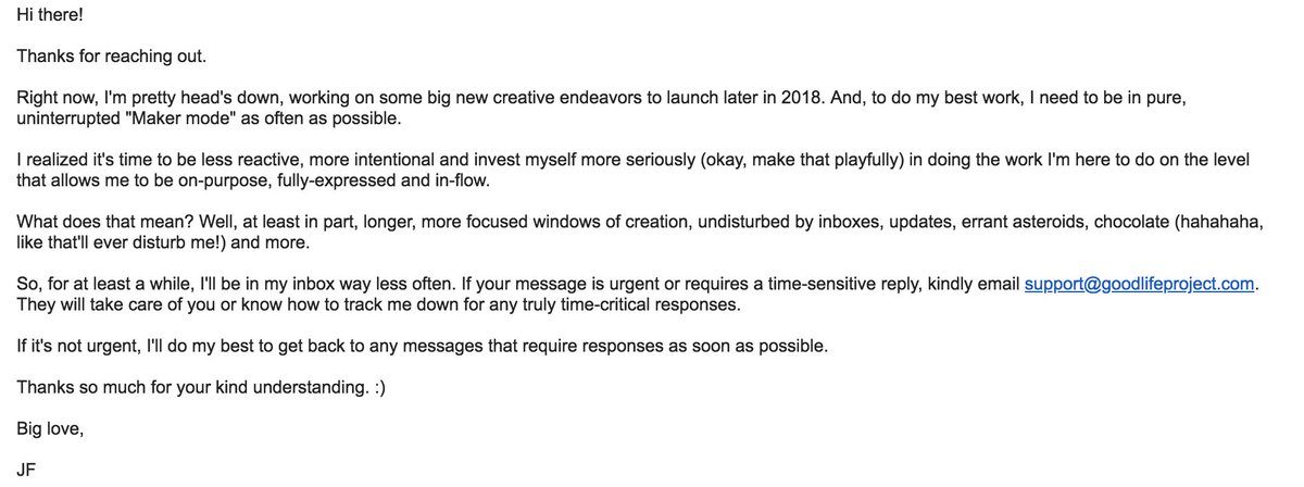 MelissaDaimler's tweet photo. I ❤️ this email response from my always inspirational friend @jonathanfields I need to do this more--we all do. #makermode #onpurpose #inflow #fullyexpressed Oh, and Jonathan, please get back to me about Thursday. :) #whateverittakes https://t.co/hZCVyMTTRx