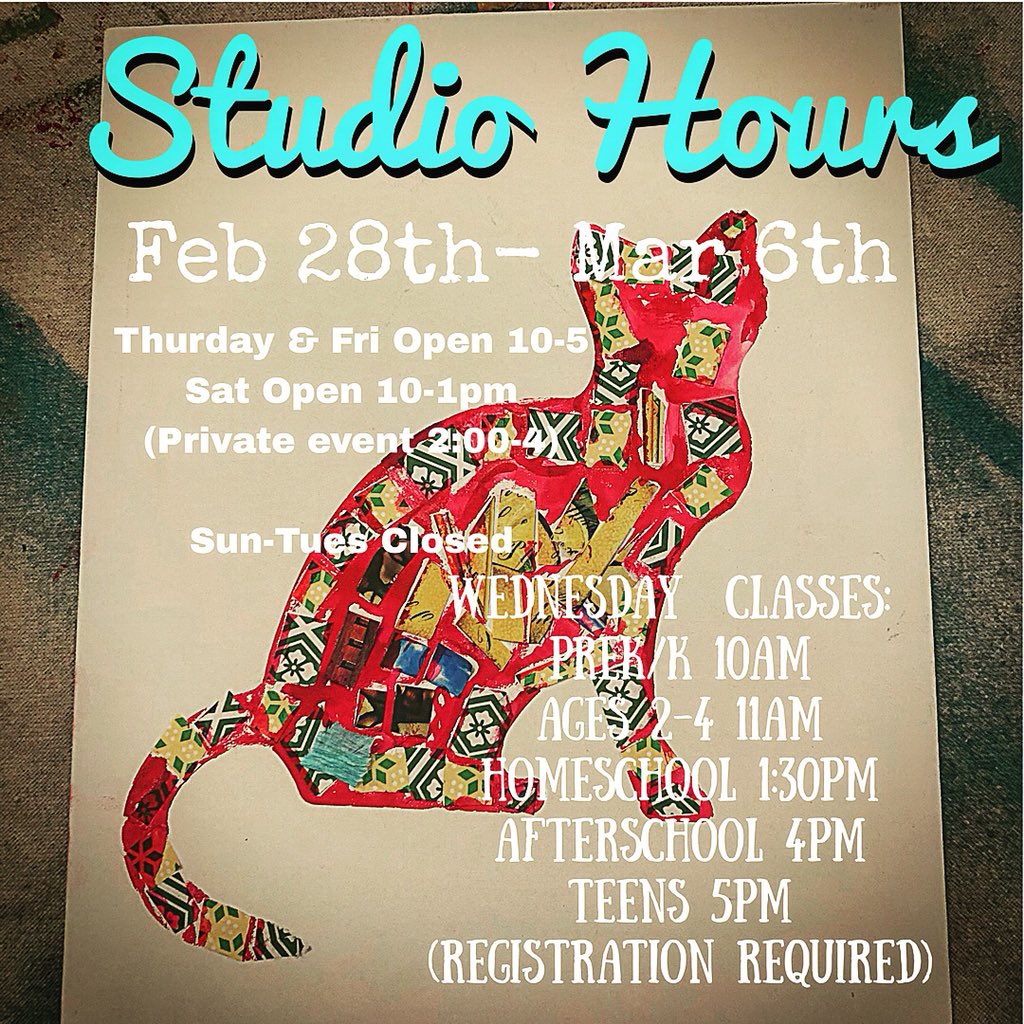 CaravanClasses1's tweet photo. Studio hours Feb 28 - March 6. Register for one of our Wednesday classes at the link in our bio. *Note we close up early Saturday for a private event. (Art cred: 9yr old S. Paper art collage & watercolor) #caravanclassesstudio #hamiltoncountyindiana #noblesvilleindiana https://t.co/bdMhvdcomV