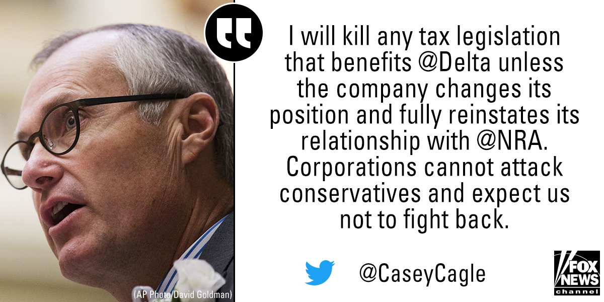 FoxNews's tweet photo. Georgia's lieutenant governor @CaseyCagle and its state senate are fighting back against Atlanta-based @Delta's decision to sever ties with the @NRA. https://t.co/KobFiRauBS https://t.co/gwKXJUTone