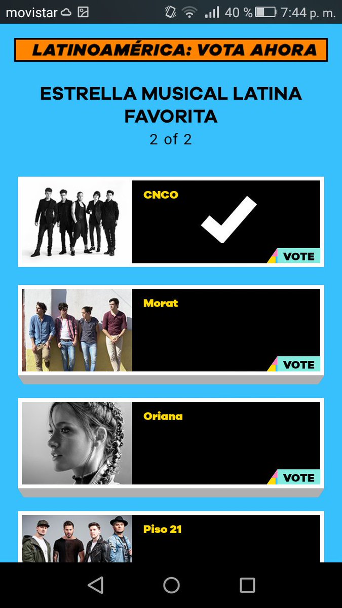 Francesca1923's tweet photo. @CNCOmusic 
Ya vote !!! Voy a seguir votando hasta cansarme 😂🙌
LOS AMO !!! saludos desde Perú 😘
#cncowners #EstrellaMusicalLatinaCNCO 
🔥🔥🔥 @CNCOmusic https://t.co/Nix7MLrnt6