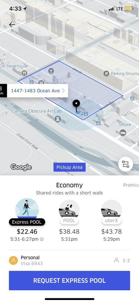 siushi's tweet photo. i had no idea uber express pool existed! getting from sm (santa monica) to sm (san marino) for $22!? #gamechanger #LAtraffic #neverdrivingagain #jkiprobwill https://t.co/kfFSSwbrA9