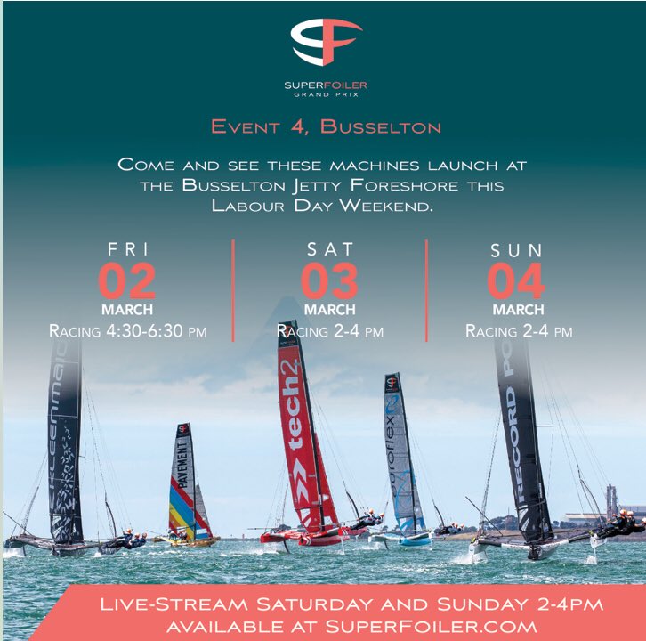 tech2AU's tweet photo. The @SuperFoiler Grand Prix #Busselton WA regatta starts in just a few days! Come see the @tech2AU #RedFlyer soar around the Busselton Jetty race course (3L Queen St) from Friday 2 โ Sunday 4 Marchโฆ the WA Labour Day long weekend! Visit https://t.co/UQ5Kir0At7 https://t.co/wbWnl8xpHV