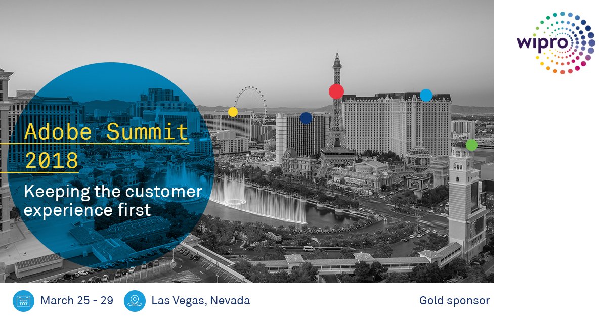 Wipro's tweet photo. Join us at #AdobeSummit in Las Vegas between March 25 - 29. Gain insights to create exceptional #CX. #OneEngage #ConnectedCustomerExperience https://t.co/SLRHGvfOge https://t.co/3vywgPXk5o