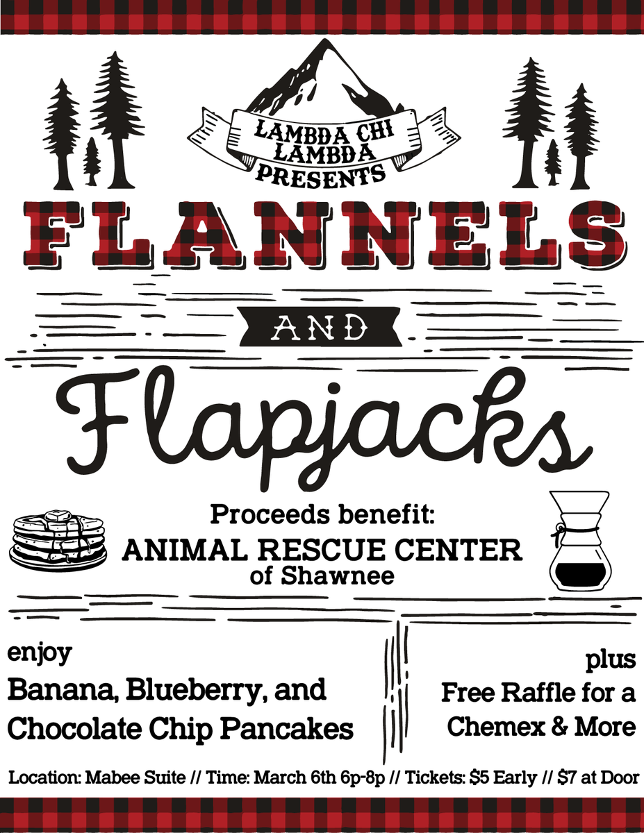 jacobsjolly's tweet photo. If you like pancakes, coffee, or supporting animal non-profits, come to Flannels &amp; Flapjacks! March 6th from 6-8 in the Mabee Suite. Tickets are only $5 early and $7 at the door. It benefits the Animal Rescue Center of Shawnee, can't wait to see you there! https://t.co/nk3dHDSWnw