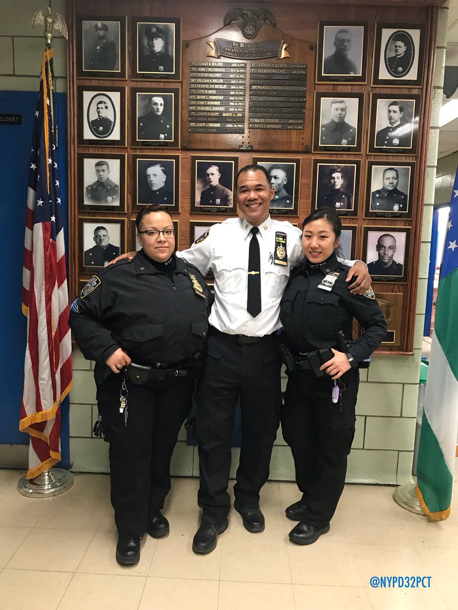NYPD32Pct's tweet photo. Exec. Officer Capt. Palmer congratulating two of our #finest Sgt. Santos (L) &amp; PO Park (R) for their quick thinking and jumping into action to help deliver a healthy baby girl earlier this morning. Awesome job guys! Mommy &amp; baby are both doing great. #NYPD https://t.co/C7lAAXDAJG