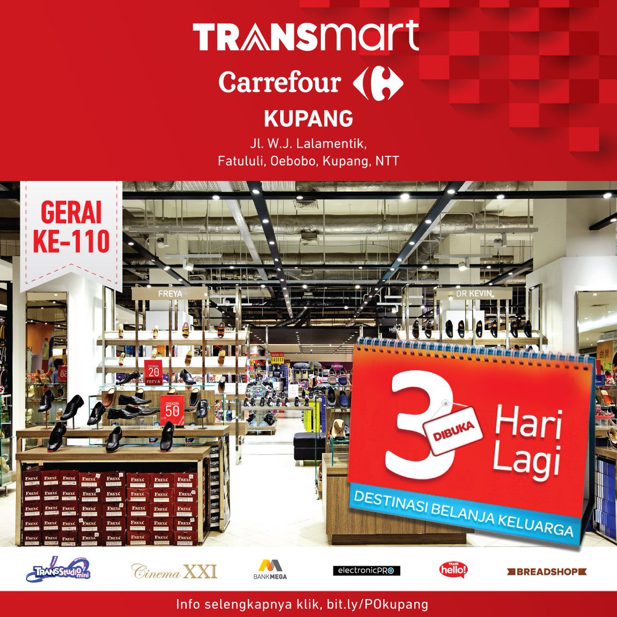 Transmart_IND's tweet photo. Tinggal 3 hari lagi penantian Sahabat #TransmartCarrefour #Kupang akan berakhir di Jumat 2 Maret 2018 untuk dapat nikmati pengalaman seru berbelanja, bersantap, menonton & bermain di satu ritel modern yang lengkap. Klik https://t.co/F3Btu1Eauc #OpeningTransmart @Info_Kupang https://t.co/XqvwRZZznX