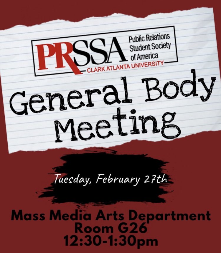 PRSSA_CAU's tweet photo. General Body Meeting tomorrow in Room G26 from 12:30-1:30pm make sure you’ll get there on time! #cau #prssa https://t.co/qRcZ00t3v3