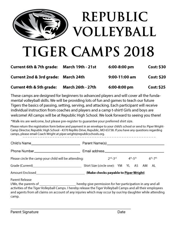 REPMOvolleyball's tweet photo. Our 2018 Tiger Volleyball Camps are just around the corner!  We are so excited to work with our future Tigers! https://t.co/TH9H8J56wt