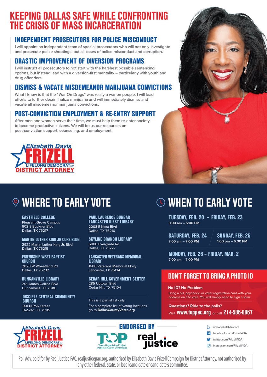 blueeyedimogen's tweet photo. Dallas, it's time to end mass incarceration and reform the criminal justice system! You have a few days left to vote early for Judge Elizabeth Frizell as your new DA! We're counting on you! https://t.co/ykStTRzjdp