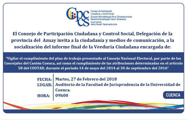Invitamos a la socialización de la #VeeduríaCiudadana encargada de vigilar la gestión de las y los concejales del cantón #Cuenca <a href="/MunicipioCuenca/">Municipio Cuenca</a> #ConcejoCantonalCuenca