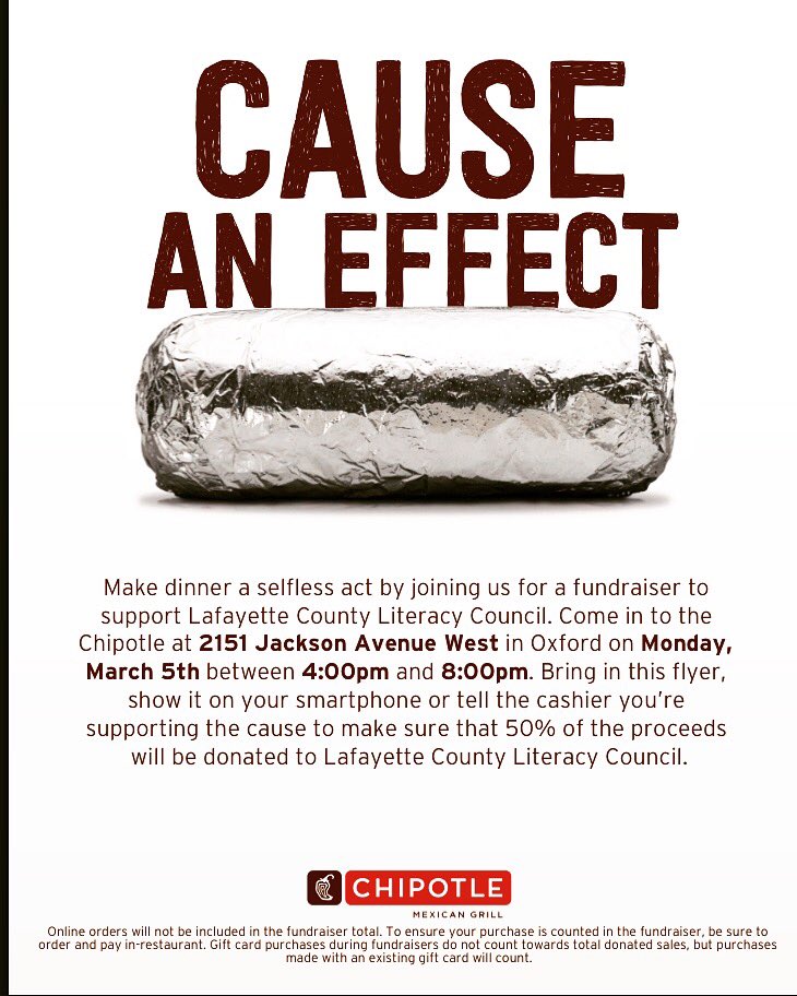 LCLitCouncil's tweet photo. Eat for the LCLC Monday, March 5th at Chipotle‼️ 50% of the proceeds will go to the LCLC‼️🌮📚 https://t.co/Il5a4EXhC9