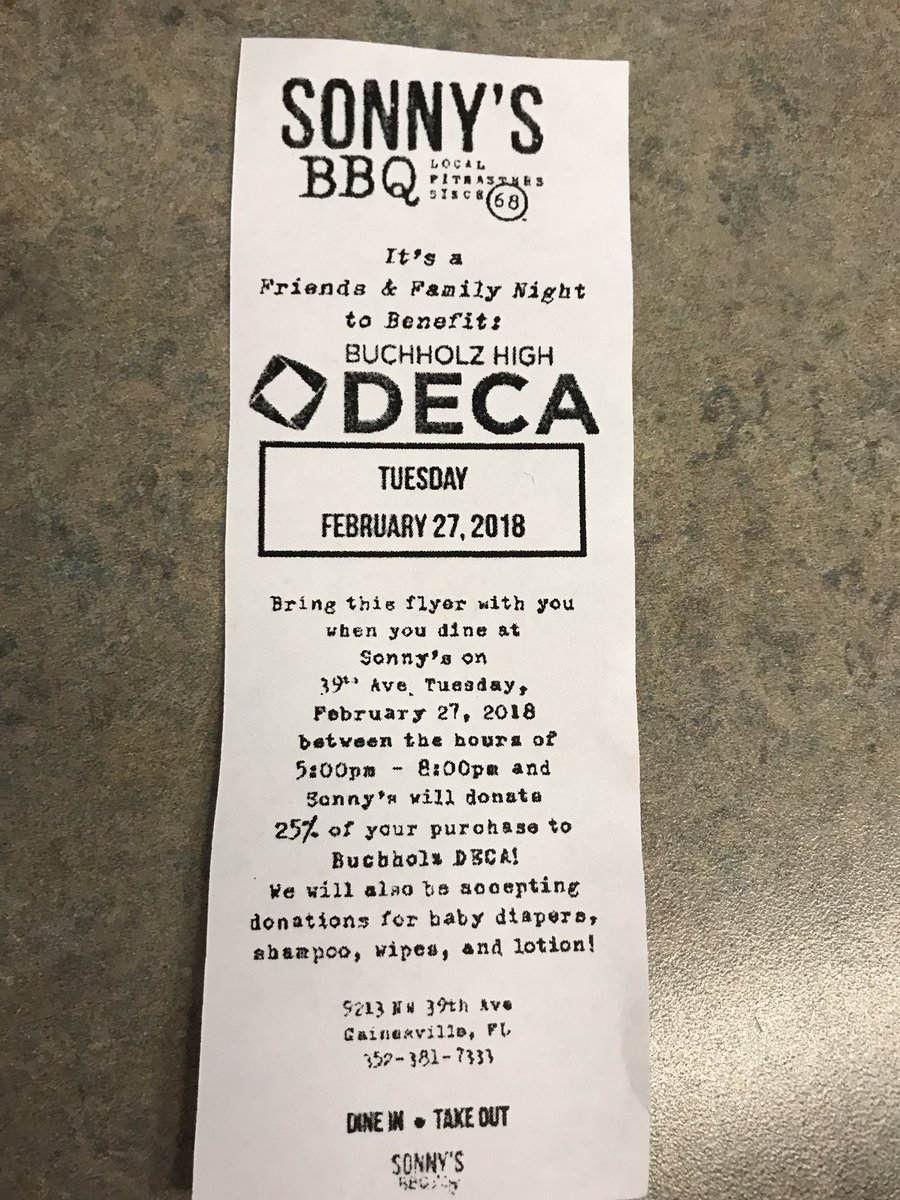 DECABuchholz's tweet photo. Please come out to Sonny’s tomorrow!!! 25% of the proceeds will go to our chapter :) https://t.co/sAxnIkp5Qu
