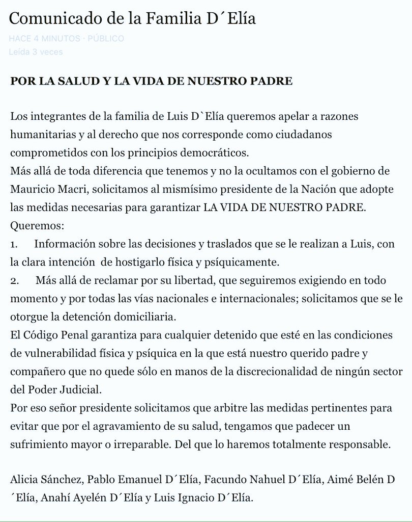 soyunasur's tweet photo. #LawFare #GuerraLegal #Argentina 
Familia del unasureño @Luis_Delia (preso sin condena, preso político) hace público el siguiente comunicado en donde responsabiliza al Jefe del #NvoGobArg por los riesgos de salud que implica esta prisión arbitraria : https://t.co/Us6mQHIRcC